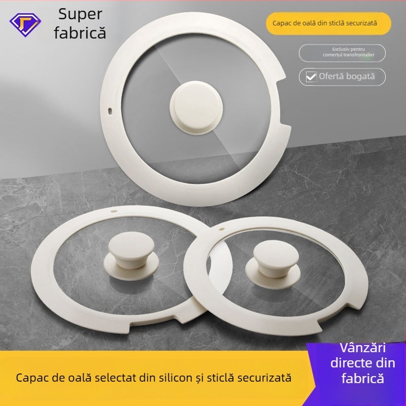 Capac din silicon alimentar cu sticlă temperată, rezistent la temperaturi înalte, etanș, cu mâner demontabil, pentru tigaie și oală de lapte