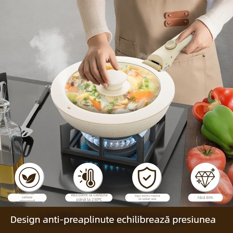 Capac din silicon alimentar cu sticlă temperată, rezistent la temperaturi înalte, etanș, cu mâner demontabil, pentru tigaie și oală de lapte