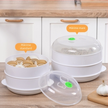 Coș rotund de gătit cu aburi din plastic pentru cuptorul cu microunde, pentru încălzirea alimentelor