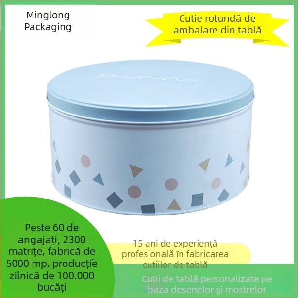 Cutie metalică rotundă, finisaj mat, personalizabilă, diametru 170 mm, înălțime 80 mm; pentru biscuiți, prăjituri cu ananas, bomboane, ceai și depozitare cadouri