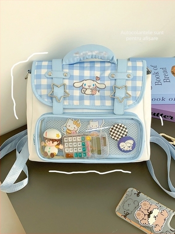 Rucsac din pânză cu capac PVC, carouri albastre, capacitate compactă, rucsac pentru fete în stil anime.