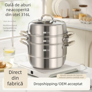 Vas de gătit cu aburi din oțel inoxidabil 316L pentru uz casnic, cu mai multe niveluri și coș de aburi, capac mare pentru supă, compatibil cu plita cu inducție și aragaz
