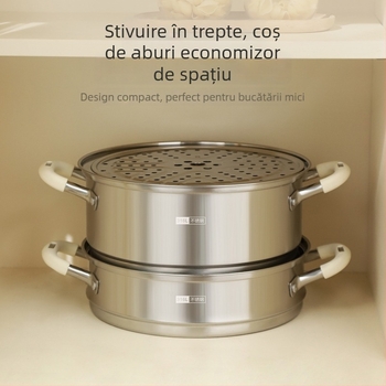 Vas de gătit cu aburi din oțel inoxidabil 316L pentru uz casnic, cu mai multe niveluri și coș de aburi, capac mare pentru supă, compatibil cu plita cu inducție și aragaz