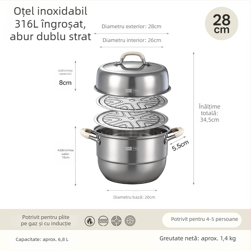 Vas de gătit cu aburi din oțel inoxidabil 316L pentru uz casnic, cu mai multe niveluri și coș de aburi, capac mare pentru supă, compatibil cu plita cu inducție și aragaz
