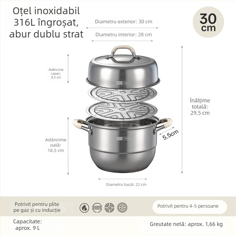 Vas de gătit cu aburi din oțel inoxidabil 316L pentru uz casnic, cu mai multe niveluri și coș de aburi, capac mare pentru supă, compatibil cu plita cu inducție și aragaz