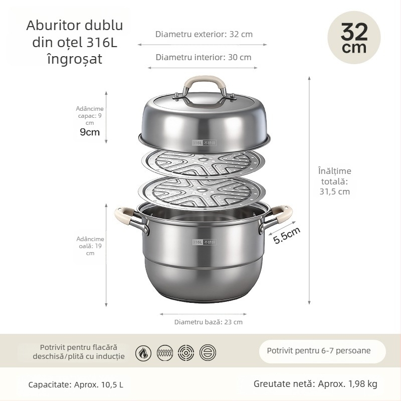 Vas de gătit cu aburi din oțel inoxidabil 316L pentru uz casnic, cu mai multe niveluri și coș de aburi, capac mare pentru supă, compatibil cu plita cu inducție și aragaz