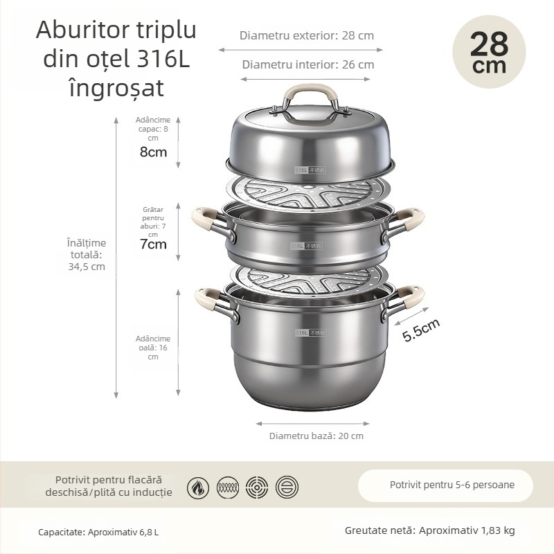 Vas de gătit cu aburi din oțel inoxidabil 316L pentru uz casnic, cu mai multe niveluri și coș de aburi, capac mare pentru supă, compatibil cu plita cu inducție și aragaz