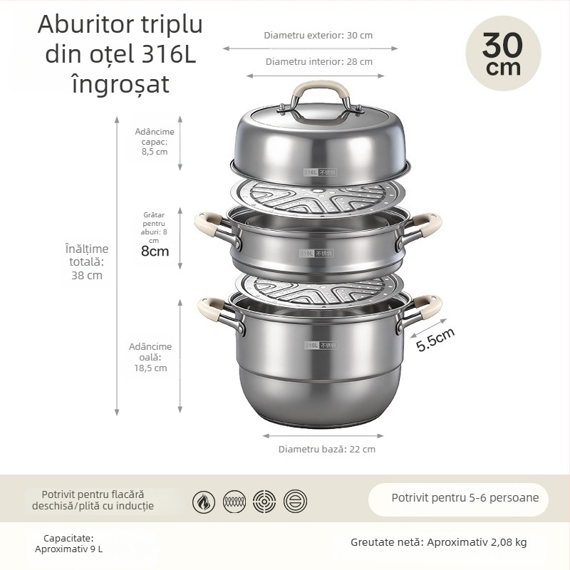 Vas de gătit cu aburi din oțel inoxidabil 316L pentru uz casnic, cu mai multe niveluri și coș de aburi, capac mare pentru supă, compatibil cu plita cu inducție și aragaz