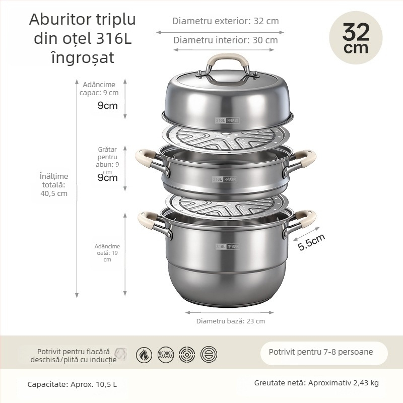 Vas de gătit cu aburi din oțel inoxidabil 316L pentru uz casnic, cu mai multe niveluri și coș de aburi, capac mare pentru supă, compatibil cu plita cu inducție și aragaz