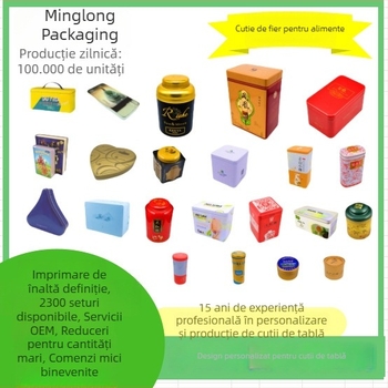 Cutii din tablă personalizabile în fabrică, pătrate, rotunde și de formă neregulată, cu capac basculant și fereastră, destinate ambalării bijuteriilor și a alimentelor.
