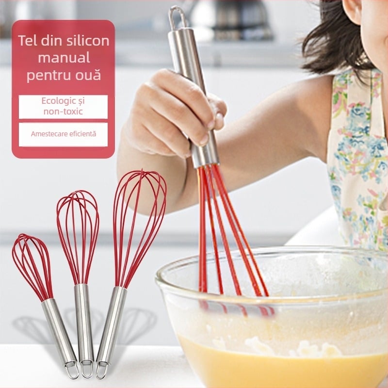Bețișor manual din silicon și oțel inoxidabil pentru ouă și cremă, pentru coacere; acționat manual, rezistent la ruginire, durabil