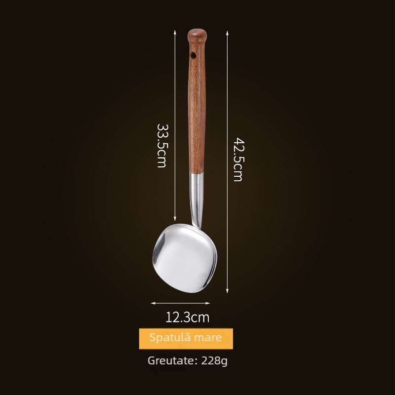 Lopată din oțel inoxidabil cu mâner din lemn, lungime extinsă, protecție împotriva arderii, design tradițional vechi Xiangxi Miao și Tujia, cu lingură cu orificii.