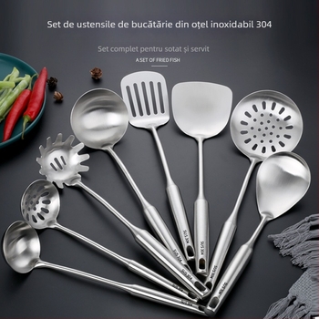 Set de ustensile de bucătărie din oțel inoxidabil 304 cu mânere termoizolante — spatulă, lingură de supă, spatulă pentru prăjit, lingură cu găuri, strecurătoare; personalizare cu logo disponibil