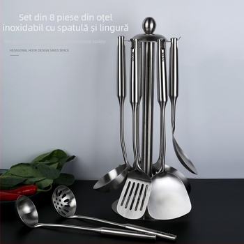 Set de ustensile de bucătărie din oțel inoxidabil 304 cu mânere termoizolante — spatulă, lingură de supă, spatulă pentru prăjit, lingură cu găuri, strecurătoare; personalizare cu logo disponibil