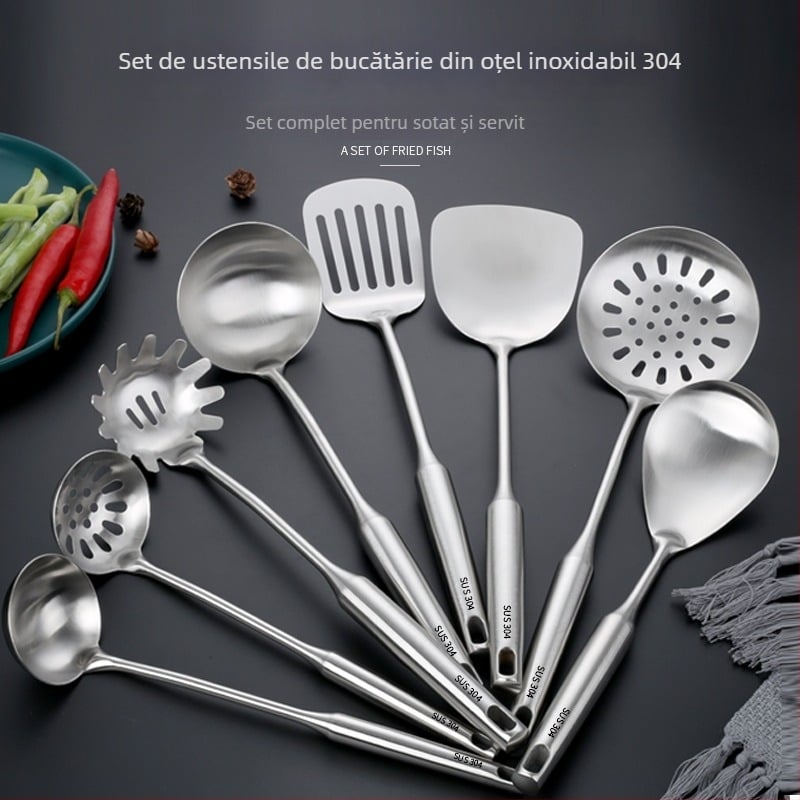 Set de ustensile de bucătărie din oțel inoxidabil 304 cu mânere termoizolante — spatulă, lingură de supă, spatulă pentru prăjit, lingură cu găuri, strecurătoare; personalizare cu logo disponibil
