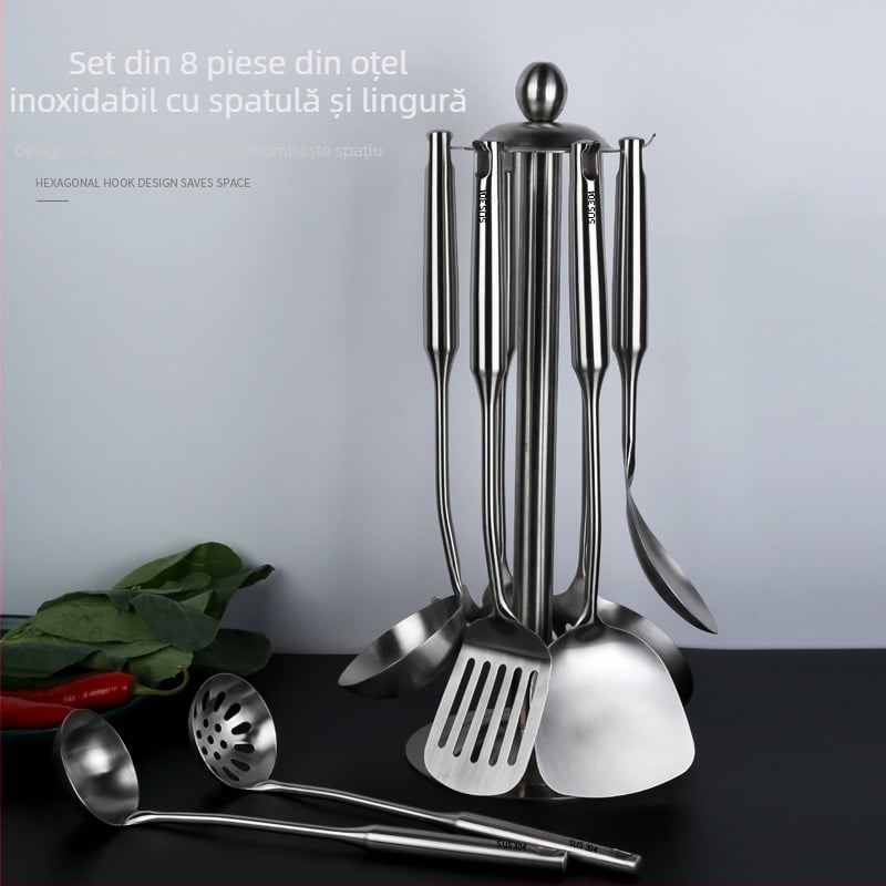 Set de ustensile de bucătărie din oțel inoxidabil 304 cu mânere termoizolante — spatulă, lingură de supă, spatulă pentru prăjit, lingură cu găuri, strecurătoare; personalizare cu logo disponibil