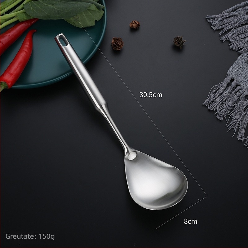 Set de ustensile de bucătărie din oțel inoxidabil 304 cu mânere termoizolante — spatulă, lingură de supă, spatulă pentru prăjit, lingură cu găuri, strecurătoare; personalizare cu logo disponibil
