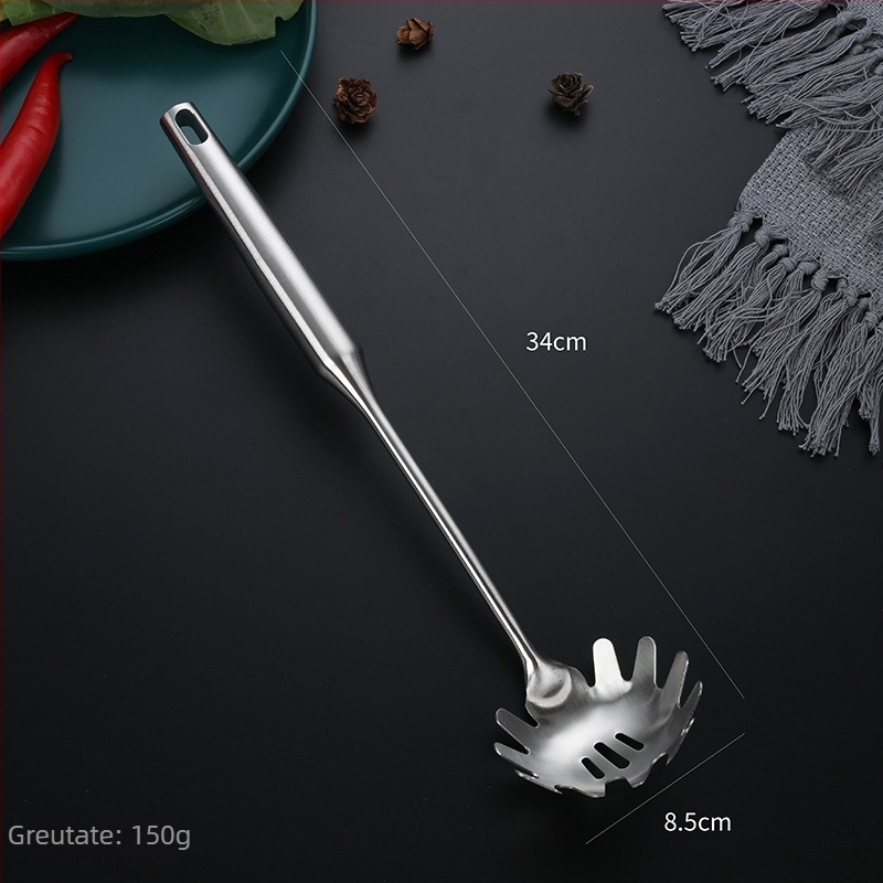 Set de ustensile de bucătărie din oțel inoxidabil 304 cu mânere termoizolante — spatulă, lingură de supă, spatulă pentru prăjit, lingură cu găuri, strecurătoare; personalizare cu logo disponibil