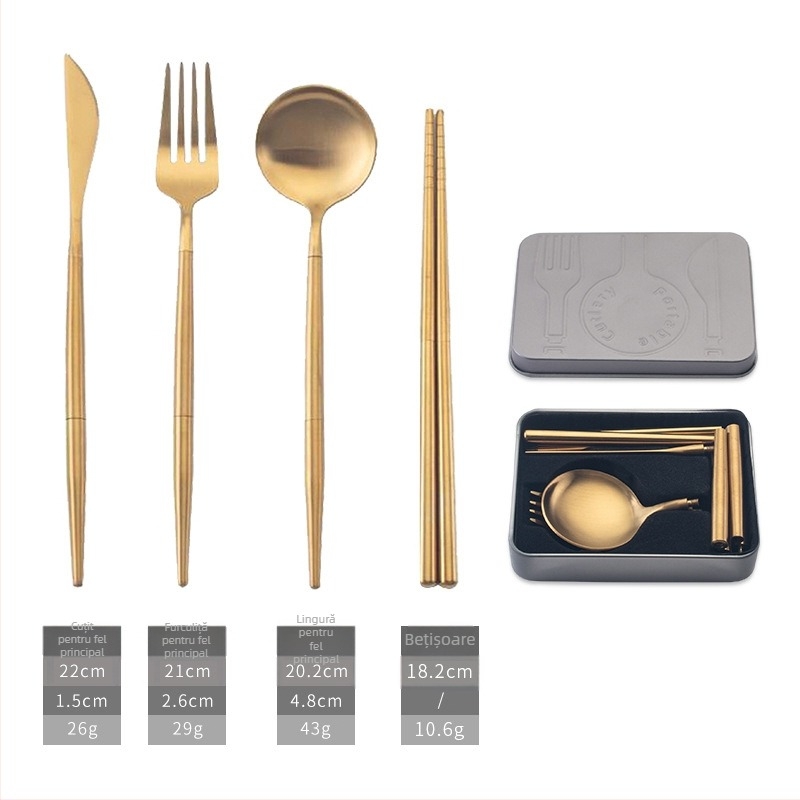 Set de tacâmuri detașabil din oțel inoxidabil 304 pentru camping, pliere, cu cuțit, lingură, furculiță și bețișoare, într-o cutie cadou