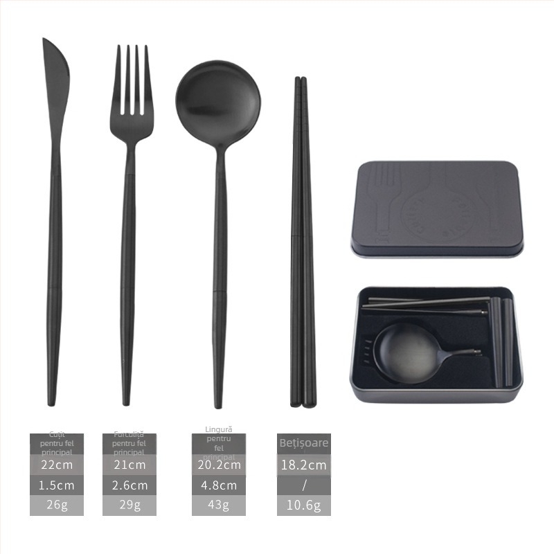 Set de tacâmuri detașabil din oțel inoxidabil 304 pentru camping, pliere, cu cuțit, lingură, furculiță și bețișoare, într-o cutie cadou