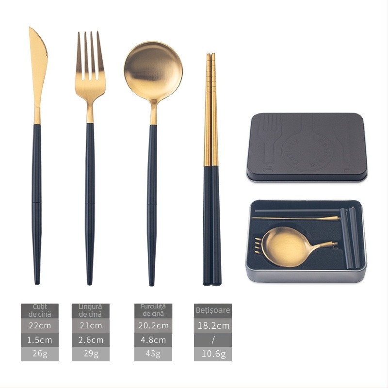 Set de tacâmuri detașabil din oțel inoxidabil 304 pentru camping, pliere, cu cuțit, lingură, furculiță și bețișoare, într-o cutie cadou