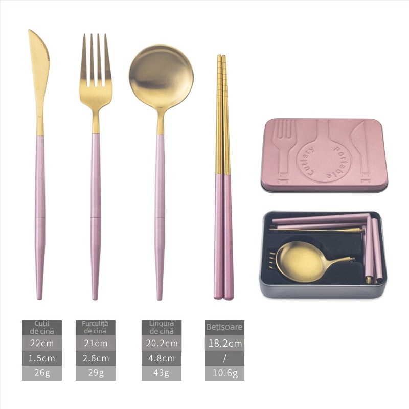 Set de tacâmuri detașabil din oțel inoxidabil 304 pentru camping, pliere, cu cuțit, lingură, furculiță și bețișoare, într-o cutie cadou