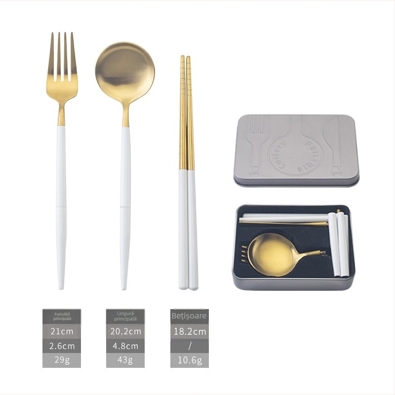 Set de tacâmuri detașabil din oțel inoxidabil 304 pentru camping, pliere, cu cuțit, lingură, furculiță și bețișoare, într-o cutie cadou