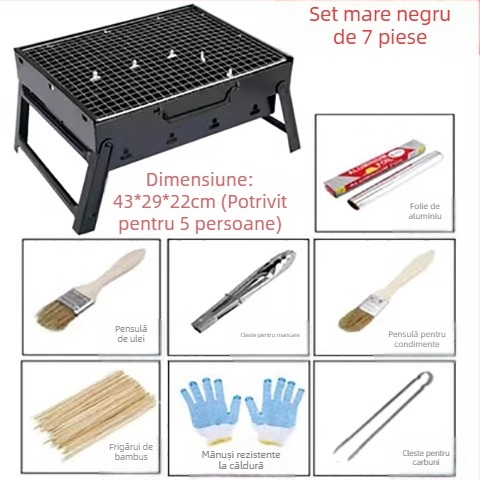 Grătar cu cărbune pliabil, grătar de exterior portabil, set complet de unelte BBQ pentru 3–6 persoane