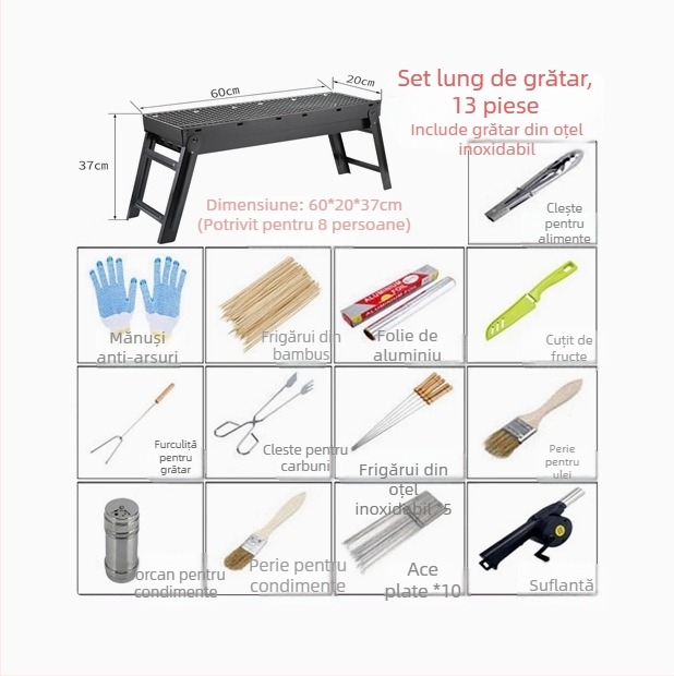 Grătar cu cărbune pliabil, grătar de exterior portabil, set complet de unelte BBQ pentru 3–6 persoane