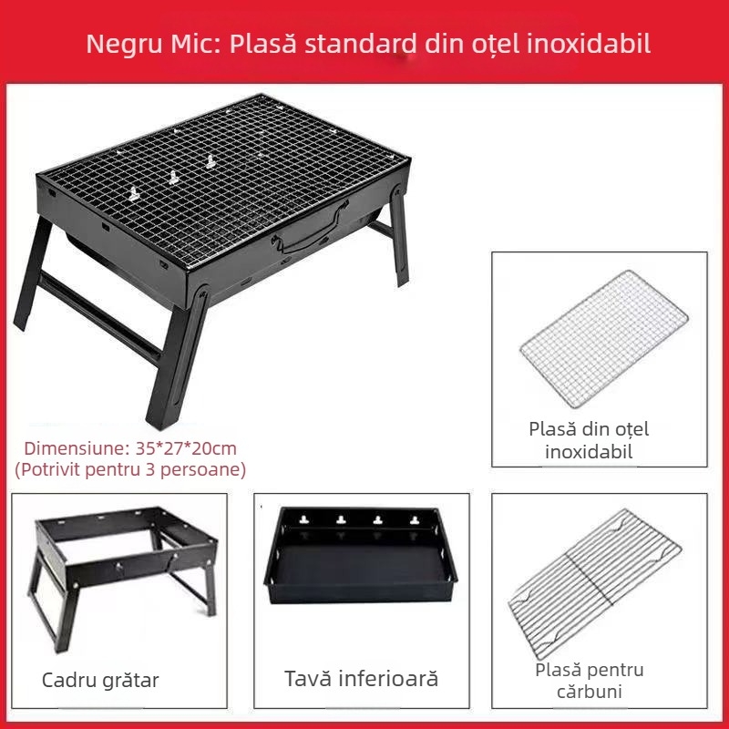 Grătar cu cărbune pliabil, grătar de exterior portabil, set complet de unelte BBQ pentru 3–6 persoane