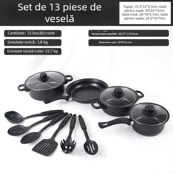 Set de 13 piese de vase de gătit: oală de supă, oală de lapte și tigaie – acoperire antiaderentă, capac de sticlă, design modern minimalist din fier