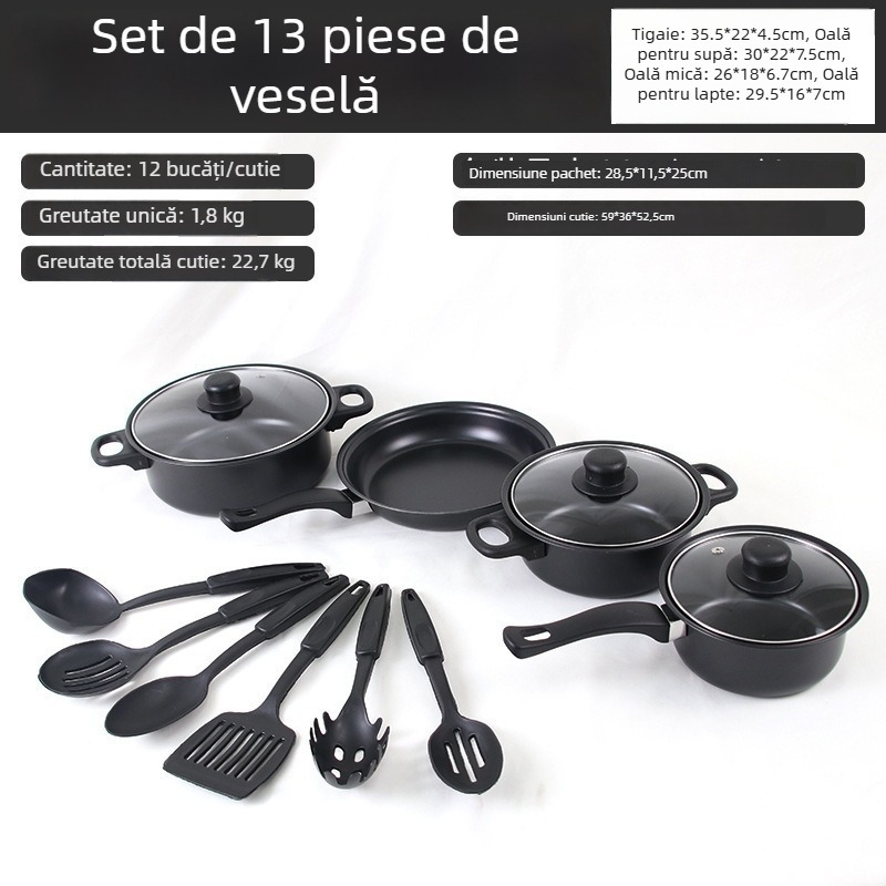 Set de 13 piese de vase de gătit: oală de supă, oală de lapte și tigaie – acoperire antiaderentă, capac de sticlă, design modern minimalist din fier