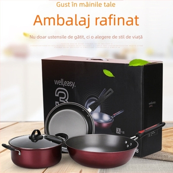 Set de vase din fontă în trei piese: oală pentru supă, tigaie și wok, cu strat antiaderent, în cutie cadou