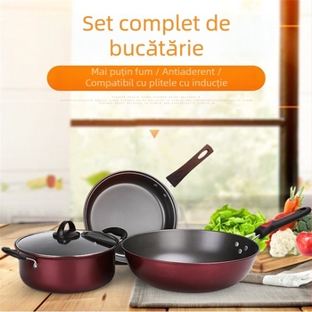 Set de vase din fontă în trei piese: oală pentru supă, tigaie și wok, cu strat antiaderent, în cutie cadou