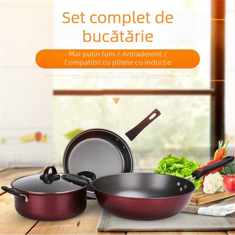 Set de vase din fontă în trei piese: oală pentru supă, tigaie și wok, cu strat antiaderent, în cutie cadou