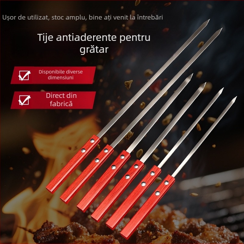 Bețișoare pentru grătar din oțel inoxidabil, cu mâner din lemn, mari pentru miel și carne