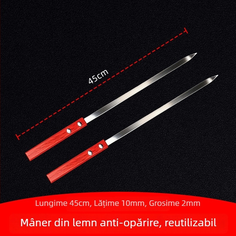 Bețișoare pentru grătar din oțel inoxidabil, cu mâner din lemn, mari pentru miel și carne