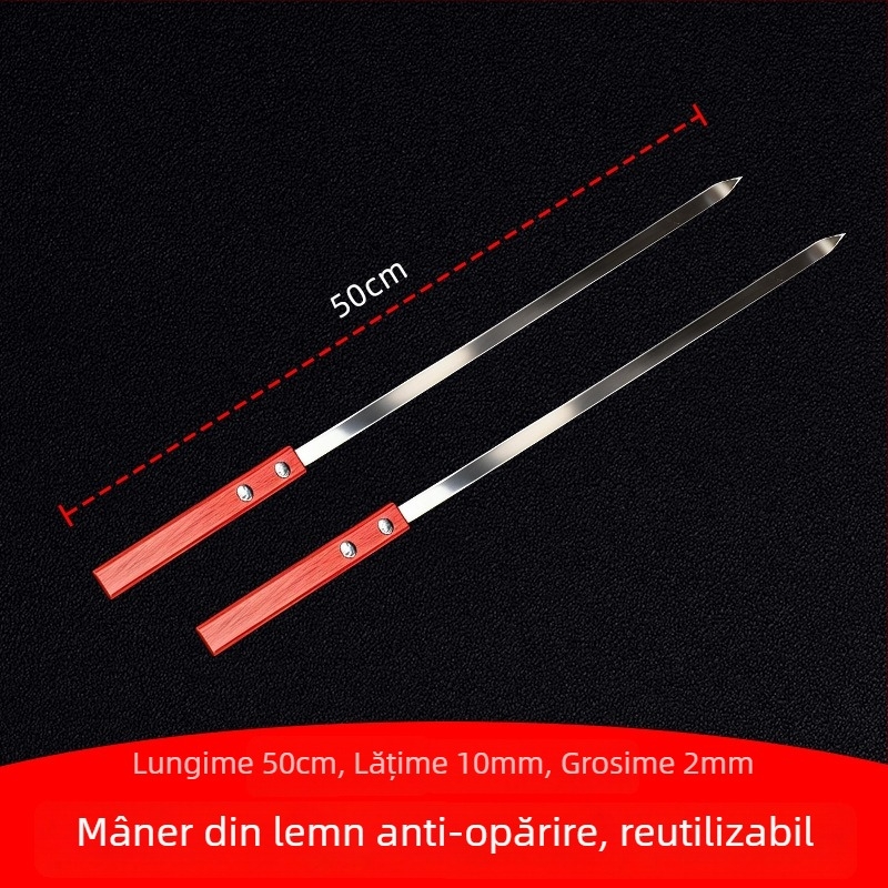 Bețișoare pentru grătar din oțel inoxidabil, cu mâner din lemn, mari pentru miel și carne