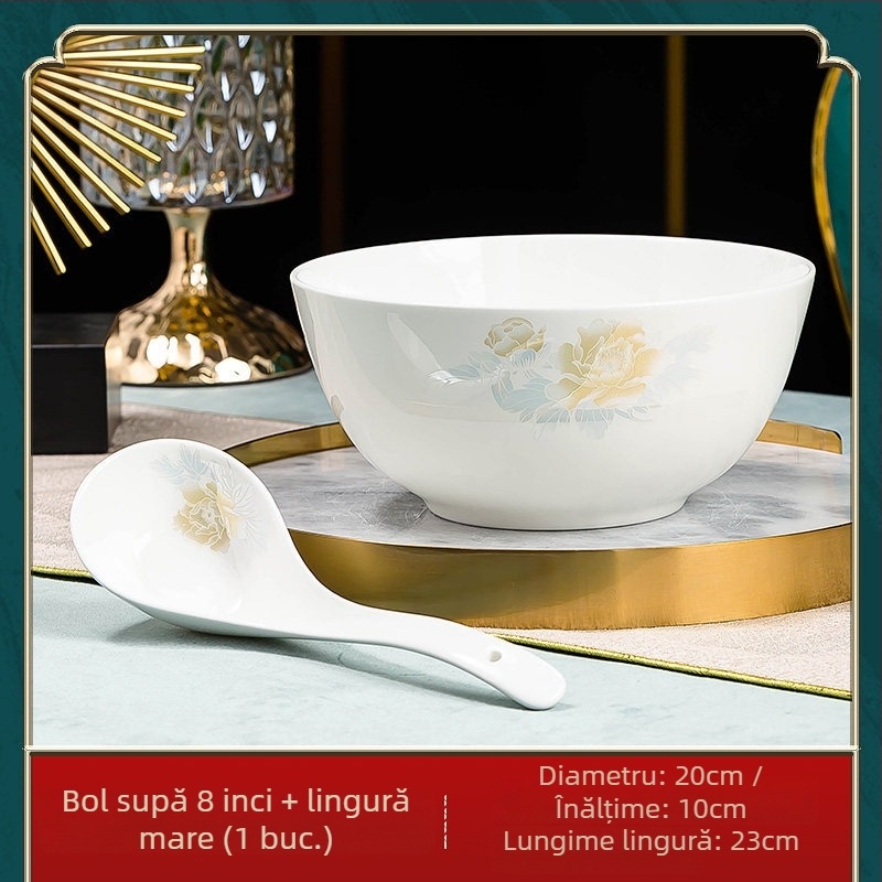 Jingdezhen porțelan: boluri pentru orez și boluri mari de supă în stil chinezesc, farfurioare, veselă din porțelan cu oase, design minimalist pentru uz casnic