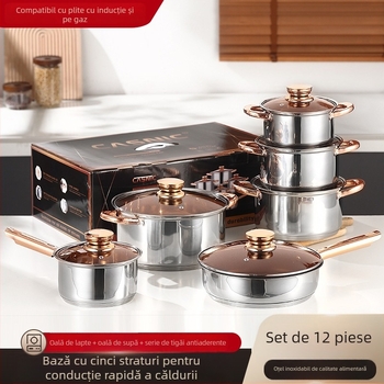 Set de vase din oțel inoxidabil 12 piese cu capace din sticlă, model Cycs23412, 201 oțel inoxidabil, stil occidental