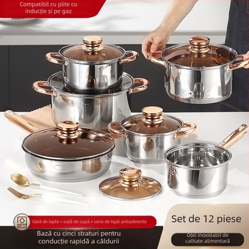 Set de vase din oțel inoxidabil 12 piese cu capace din sticlă, model Cycs23412, 201 oțel inoxidabil, stil occidental