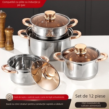 Set de vase din oțel inoxidabil 12 piese cu capace din sticlă, model Cycs23412, 201 oțel inoxidabil, stil occidental