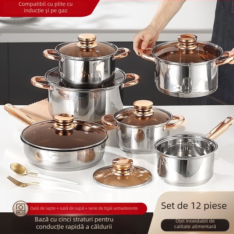 Set de vase din oțel inoxidabil 12 piese cu capace din sticlă, model Cycs23412, 201 oțel inoxidabil, stil occidental