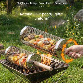 Coș rotund de grătar din oțel inoxidabil, cu mâner din lemn, portabil pentru exterior