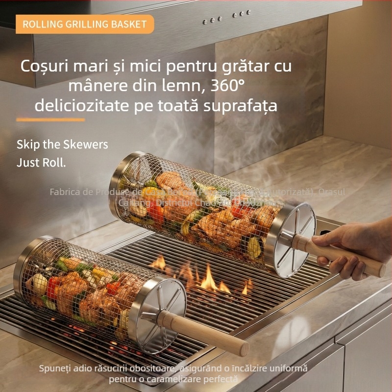 Coș rotund de grătar din oțel inoxidabil, cu mâner din lemn, portabil pentru exterior
