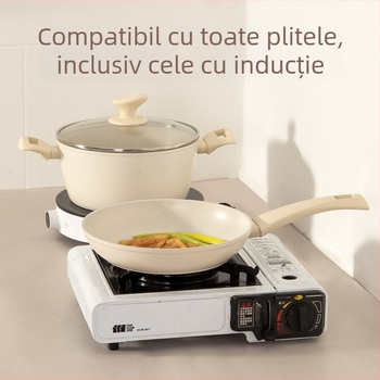 Set de vase de bucătărie cu piatră Maifan, 10 piese, antiaderent, include tigaie, oală de supă și grătar pentru aburi, universal pentru plite cu inducție și gaz