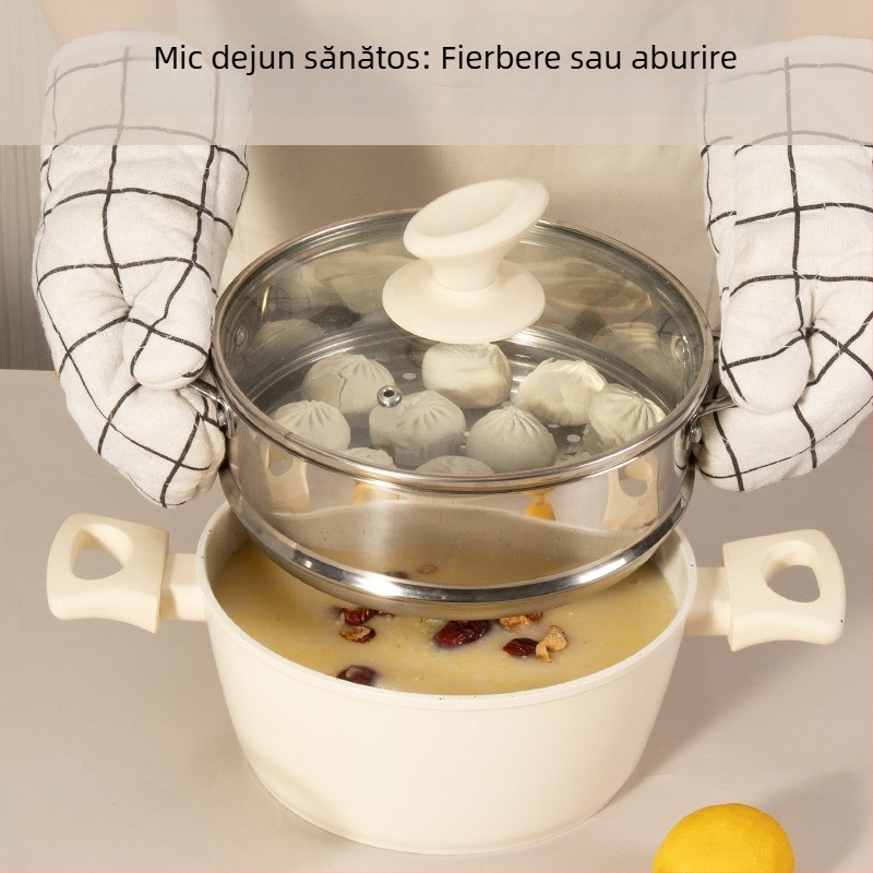 Set de vase de bucătărie cu piatră Maifan, 10 piese, antiaderent, include tigaie, oală de supă și grătar pentru aburi, universal pentru plite cu inducție și gaz