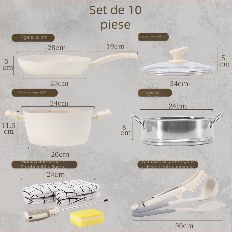 Set de vase de bucătărie cu piatră Maifan, 10 piese, antiaderent, include tigaie, oală de supă și grătar pentru aburi, universal pentru plite cu inducție și gaz