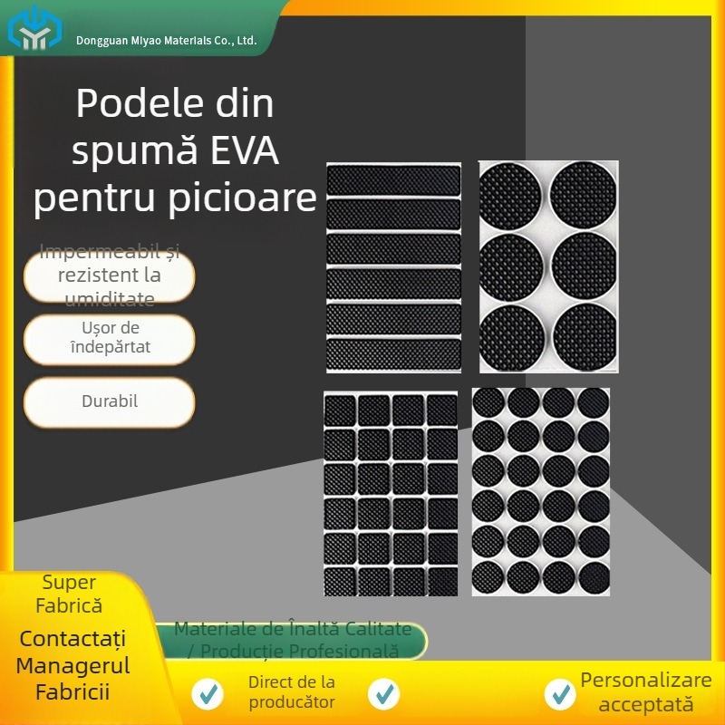 Tălpi din spumă EVA negre, tăiate prin die-cut, rotunde, îngroșate, cu textură în carouri, antiderapante, absorbante de șocuri, autoadezive, cu spate adeziv