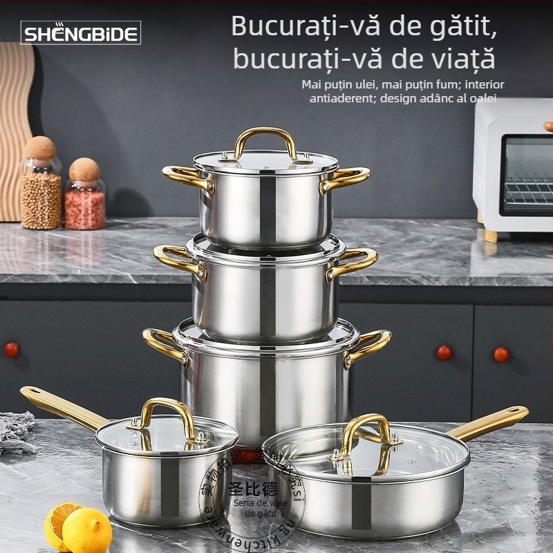 Set din oțel inoxidabil cu mâneri aurii, fund îngroșat, 10 piese, pentru uz casnic